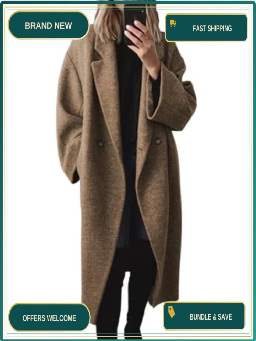 Women's Double Breasted Wool Blend Pea Coat Notch Lapel Long Trench Coat